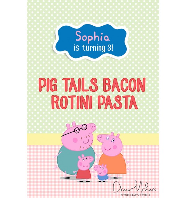 Peppa Pig Party Food Sign 4" x 6", Pig Tails Bacon Rotini Pasta